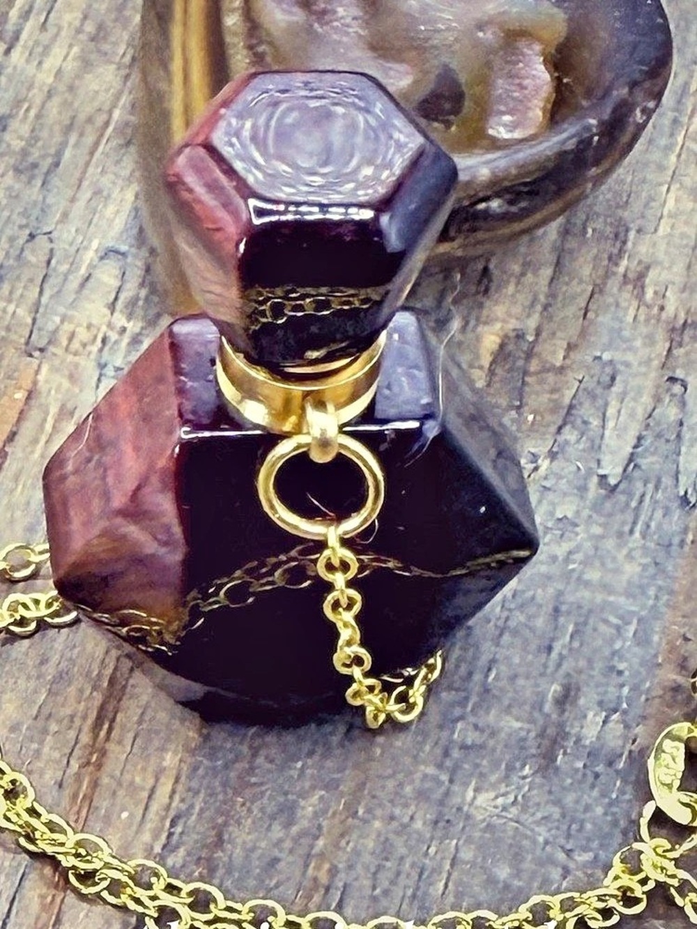 Brown & Black Perfume Bottle with gold Vermeil Chain